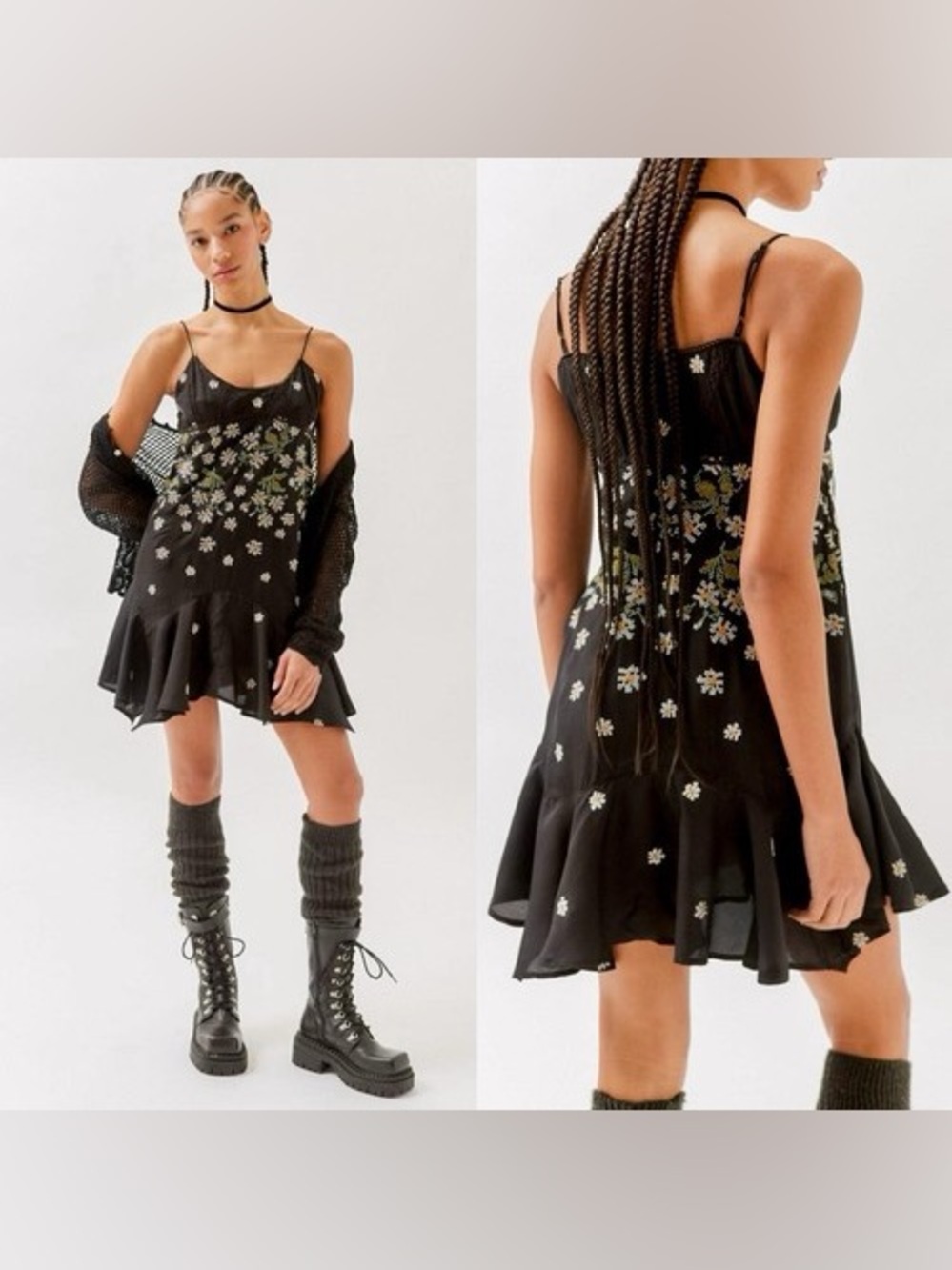 Urban Outfitters Sienna Floral Embroidered Black Mini Dress Size Small